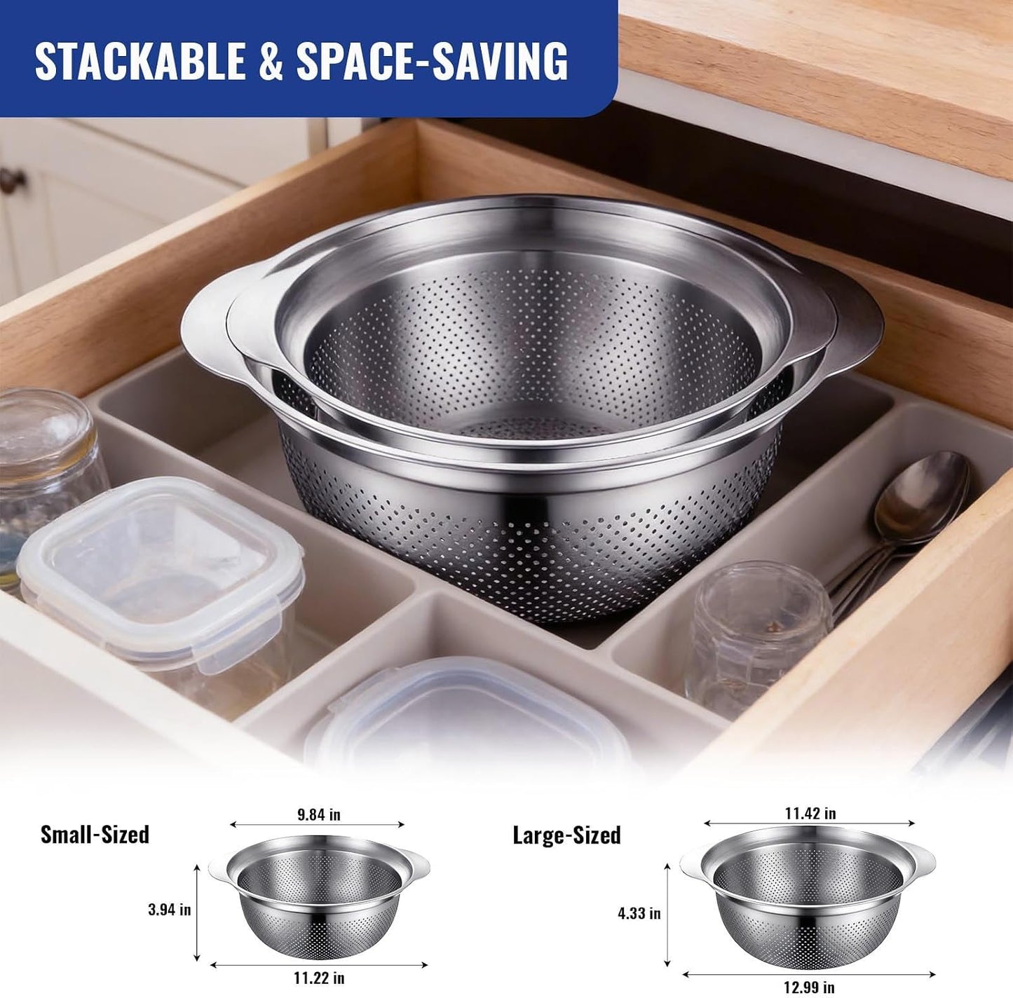 Stainless Steel Colander Set of 2, Nesting Kitchen Strainers with Handles & Stable Base, One-Piece Pasta Drainer for Fruit, Vegetables & Food Prep, Dishwasher Safe(2QT&3QT)