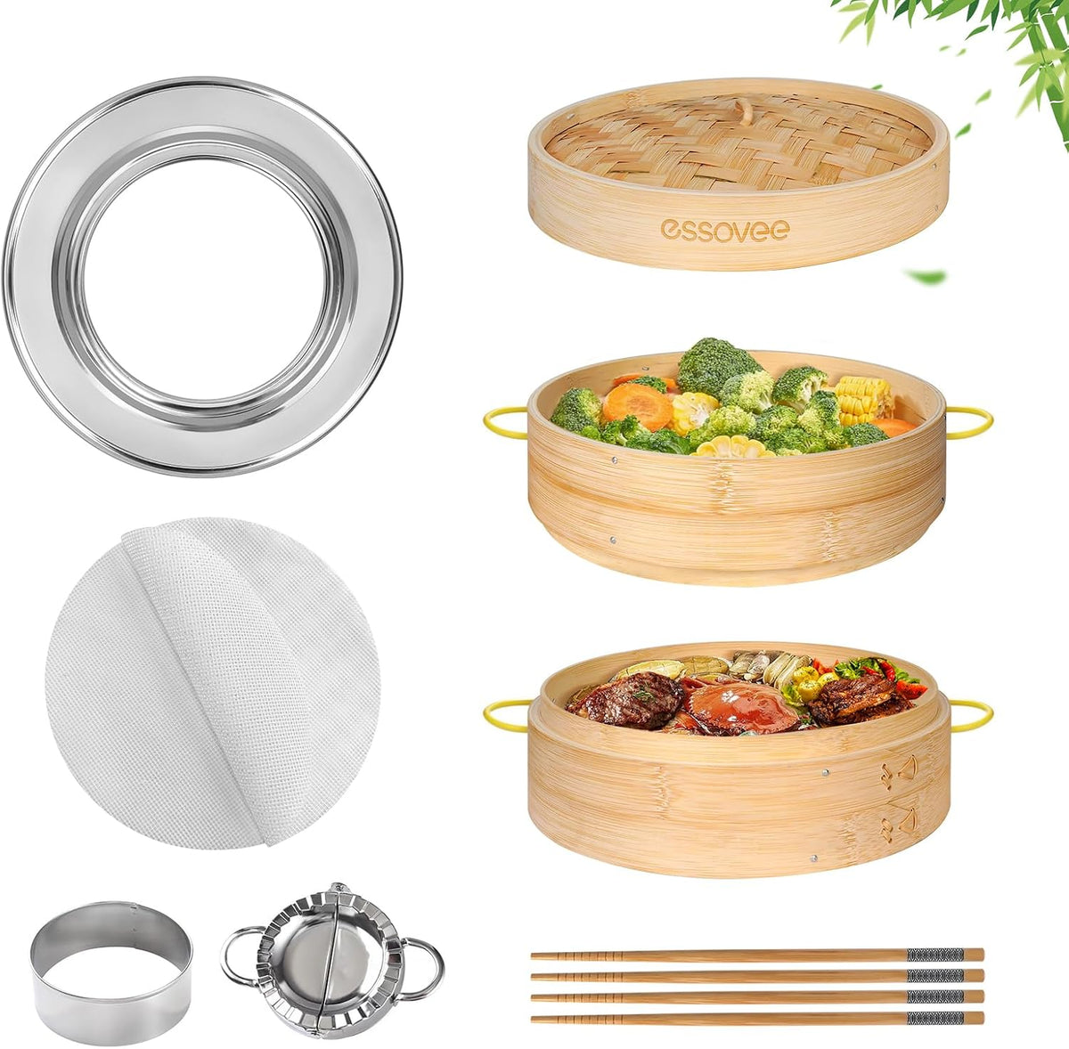 Bamboo Steamer 2 Tier 10-Inch Steaming Basket, Bun Vegetable Steam, Dumpling Steamer Bamboo Steam Basket, Chopsticks, Reusable Silicone Liner, Ring Adapter, for Chinese Asian Cuisine