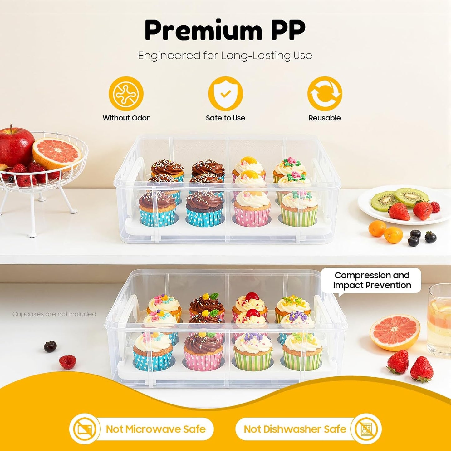 4 Tier Plastic Cupcake Carrier, 48 Count Cupcake Holder Cake Container with Lid and Handle, Reusable Rectangular Dessert Travel Container, Collapsible Cake Carrier for Party, Clear White