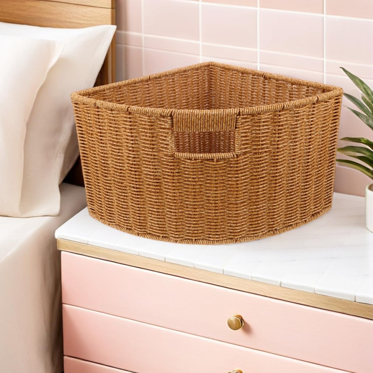 Woven Triangle Corner Storage Basket with Handles Shelf Laundry Basket | Plastic Rattan-Style Basket Fits Shelf Corners, Cabinets, Counters or Bathrooms for Towels, Laundry, Toys and Pantry Items