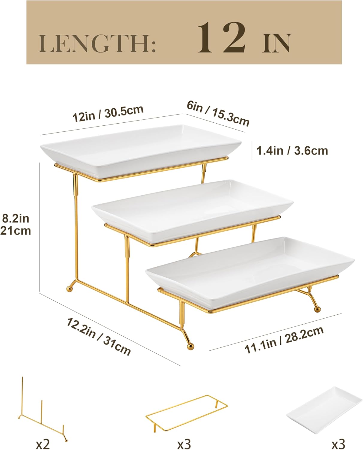 MALACASA 3 Tier Serving Trays for Party, Porcelain Serving Platters and Trays, 12 Inch Tiered Tray Stand, Fruit Tray, Trays for Serving Food, White Dessert Stand with Collapsible Sturdier Metal Rack