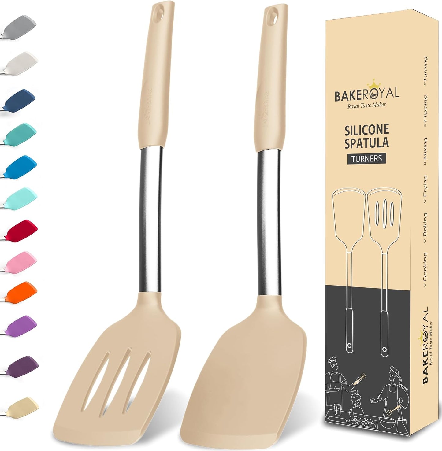 BakeRoyal Silicone Spatula Set - Turner Spatulas Silicone Heat Resistant 600°F - Slotted & Solid Spatula for Cooking Fish, Eggs, Pancakes Flipper – Spatulas for kitchen use – Black