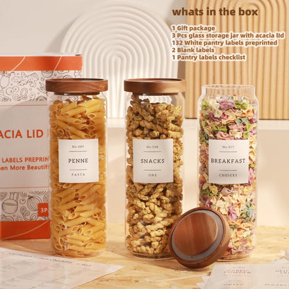 2 Pack Large Glass Flour and Sugar Storage Containers with Airtight Acacia Wood Lids and 132 Kitchen Pantey Labels Preprint - 1 Gallon Borosilicate Glass Canister Sets for Food,Pasta,Cookie,Rice