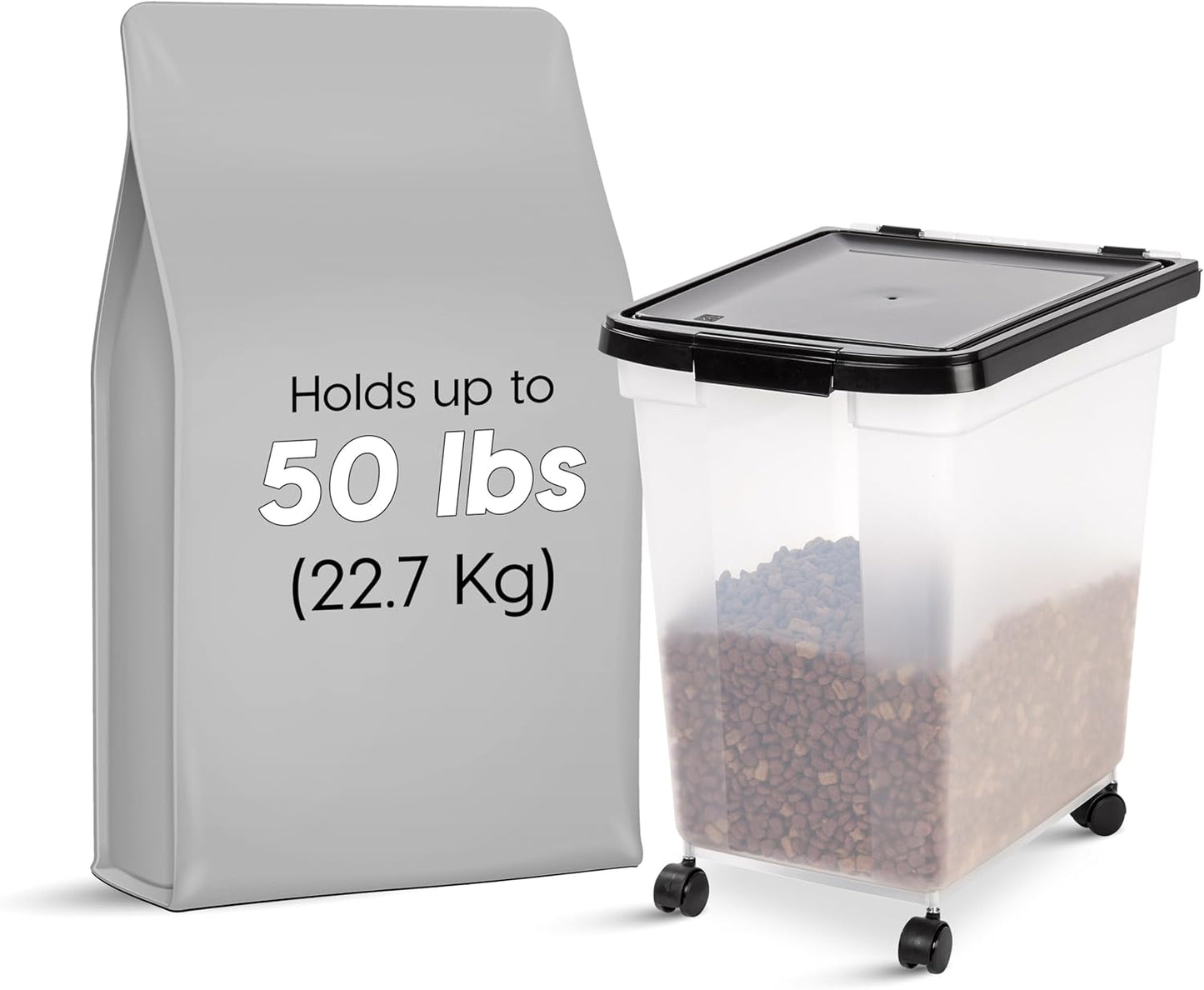 IRIS USA Airtight Dog Food Storage Container, WeatherPro, Up to 25 lbs, Removable Wheels, for Dog Cat Bird and Other Pet Food Storage Bin, Keep Fresh, Translucent Body, Made in USA, Clear/Black