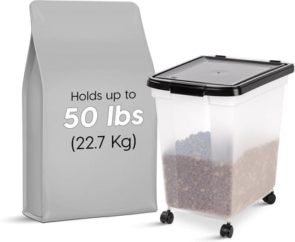 IRIS USA Airtight Dog Food Storage Container, WeatherPro, Up to 25 lbs, Removable Wheels, for Dog Cat Bird and Other Pet Food Storage Bin, Keep Fresh, Translucent Body, Made in USA, Clear/Black
