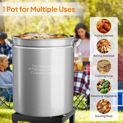 Bonnlo 30QT Aluminum Stock Pot for Boiling Seafood, Crawfish & Crab, Frying Turkey & Steaming Tamales, Large Boil Pot with Strainer Basket, Lid, Lifting Hook & Steamer Rack for Outdoor Cooking