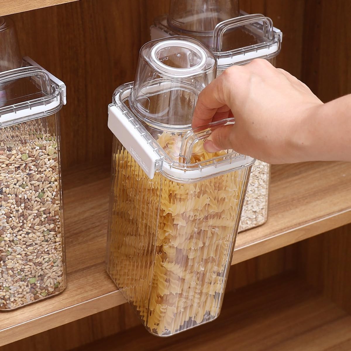 Neoflam 3 Set Airtight Kitchen Pantry Dry Food Container with Handle, Dog, Cat, Pet Feed Dispenser with Measuring Cup, Refrigerator Cabinet Organization for Cereal, Rice, Grain, Pasta (61oz, 1800ml)