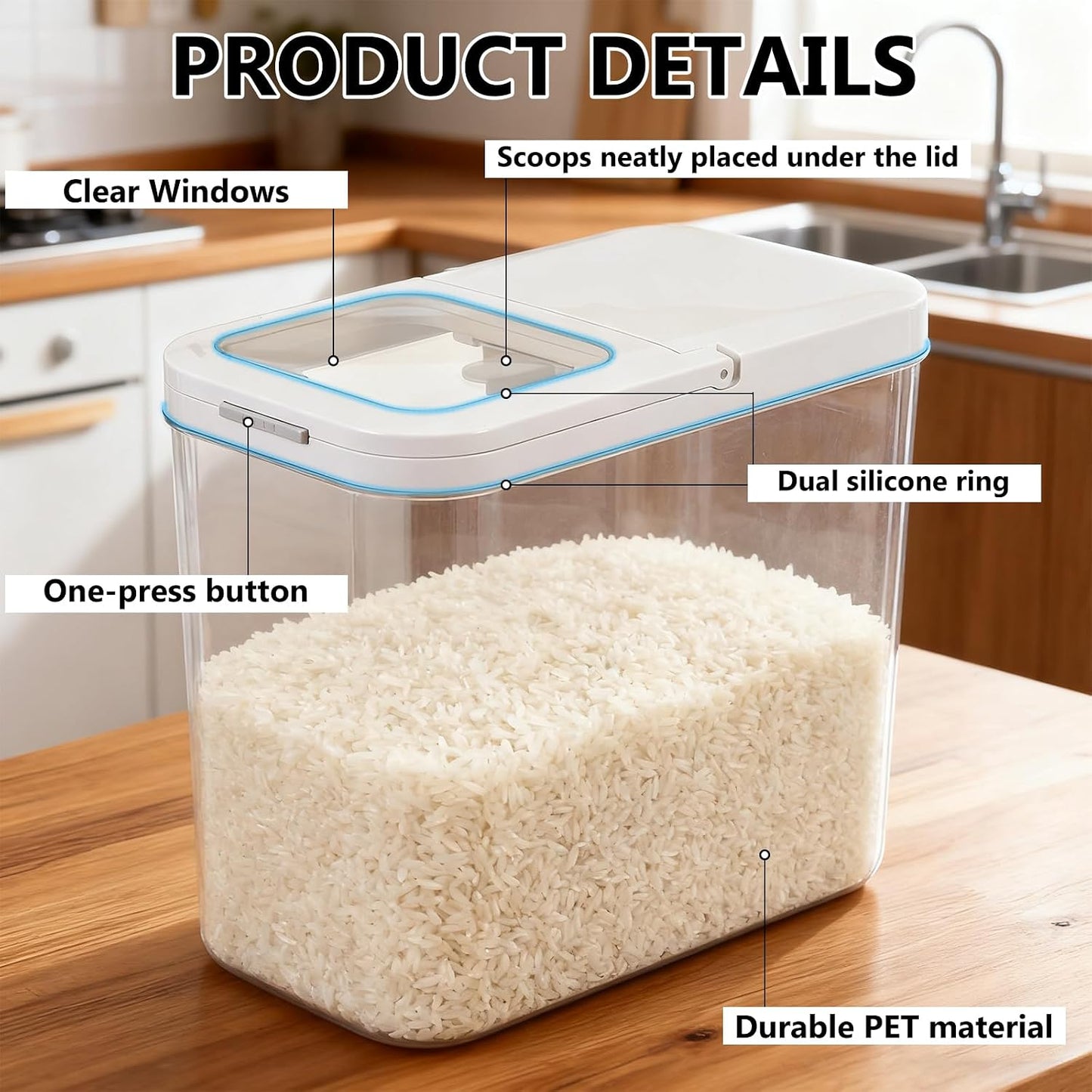 20-25 lbs Rice Dispenser with Measuring Spoon 11.4Qt/12L Large Airtight Food Storage Rice Container Tall and Narrow Food Storage Flour Bin Slim Space-Saving for Kitchen Pantry Organization