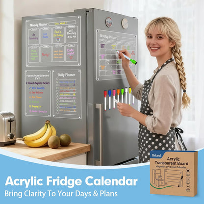 Grtard 3 Pack Acrylic Calendar for Fridge, Magnetic Calendar for Refrigerator, 16"x12" Dry Erase Whiteboard Fridge Calendar,2026 Clear Monthly Weekly Daily Memo Planning Board with 8 Markers