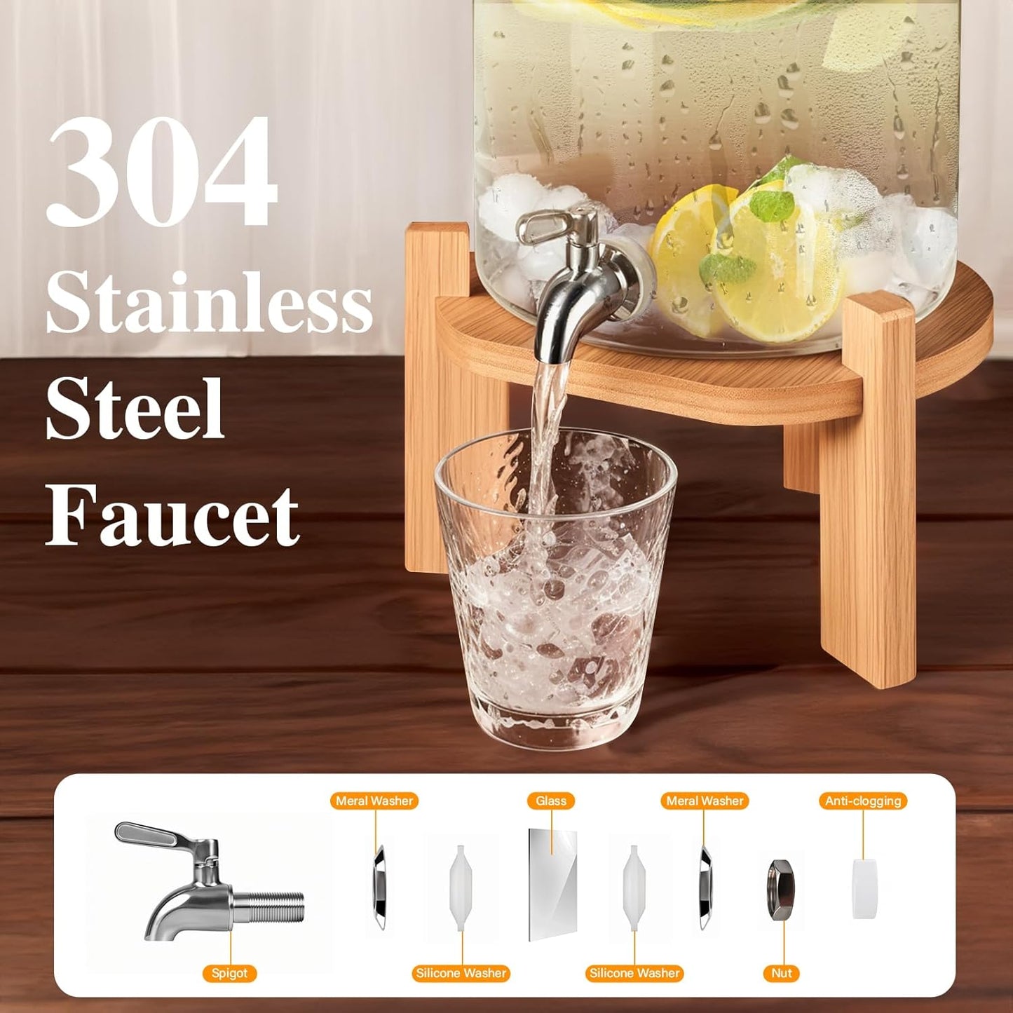 Beverage Dispenser 2.1 Gallon, Glass Drink Dispenser with Stand, Drink Dispensers for Parties, Beverage Dispenser with Wood Stand, Stainless Steel Spigot, for Parties,Bars,Restaurants (2.1 Gallons)