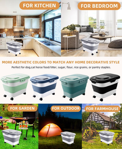 20-30 Lbs Rice Storage Container,Collapsible Food Storage Containers with Rolling Wheel Airtight Locking Lid,Flour Storage Container with Cup and Scoop,Suitable for Food,Rice,Pet Food,Flour