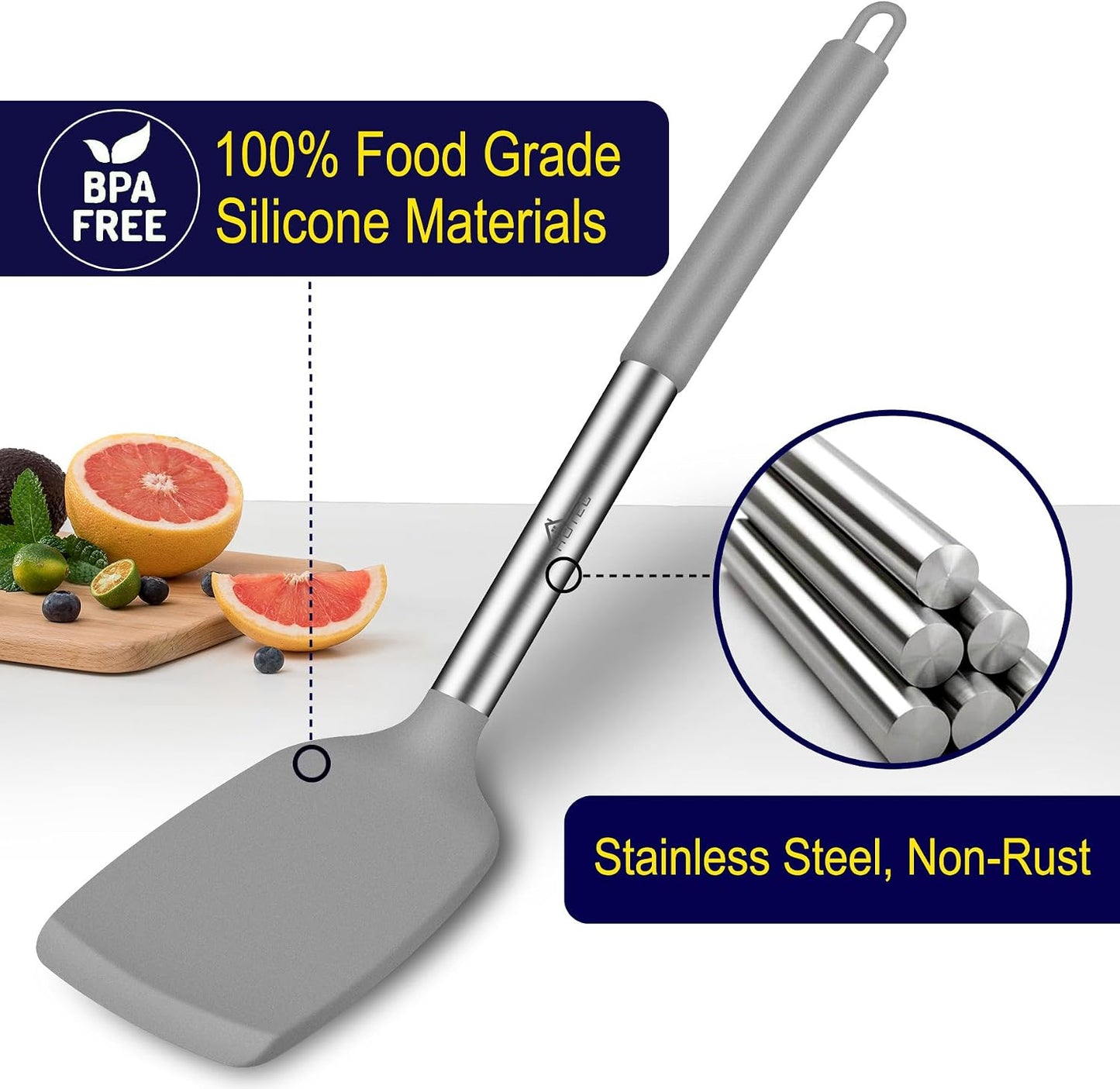 HOTEC Silicone Spatula Set of 2 Heat-Resistant 600°F & BPA-Free Kitchen SaptulaTurner with Stainless Steel Handles, Slotted & Solid Spatulas for Nonstick Cookware, 13.7 Inch, Classic Blue