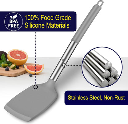 HOTEC Silicone Spatula Set of 2 Heat-Resistant 600°F & BPA-Free Kitchen SaptulaTurner with Stainless Steel Handles, Slotted & Solid Spatulas for Nonstick Cookware, 13.7 Inch, Classic Blue