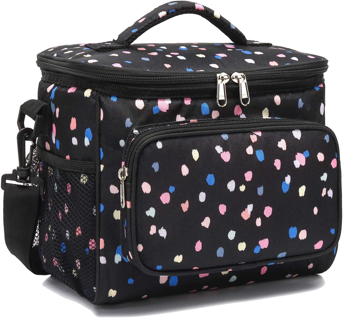 FlowFly Insulated Reusable Lunch Bag Adult Large Lunch Box for Women and Men with Adjustable Shoulder Strap,Front Zipper Pocket and Dual Large Mesh Side Pockets,Cherry - Colors A