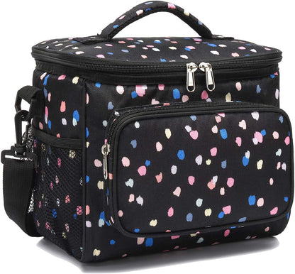 FlowFly Insulated Reusable Lunch Bag Adult Large Lunch Box for Women and Men with Adjustable Shoulder Strap,Front Zipper Pocket and Dual Large Mesh Side Pockets,Cherry - Colors A