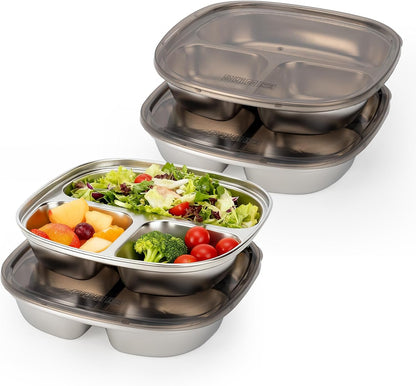 4 Pack Food Storage Containers Plates,Stainless Steel with lids containers,Portion Control Plate, Metal Lunch Tray Dishes,For Meal Prep,Fruit,Snack