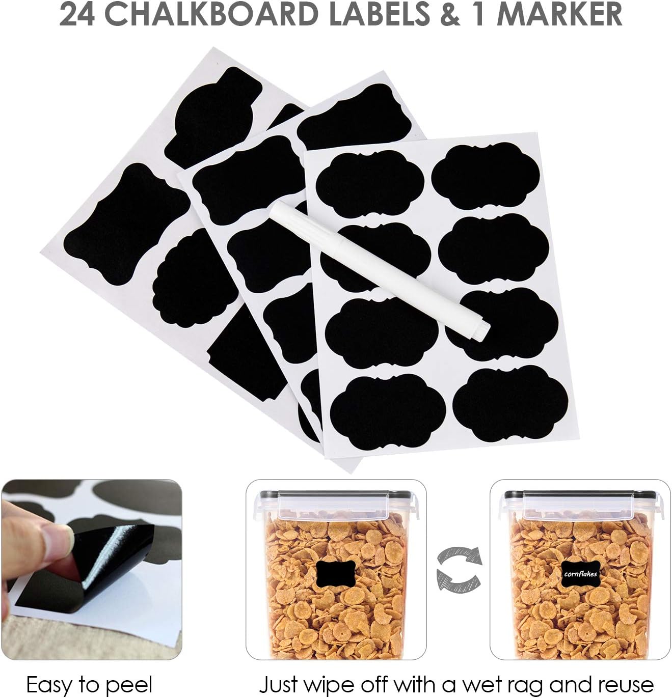 Vtopmart 4 PCS Large Food Storage Containers 5.2L / 175oz, 4 Pieces BPA Free Plastic Airtight Canisters for Flour, Sugar, Baking Supplies, Rice with Lids, 4 Measuring Cups and 24 Labels, Black
