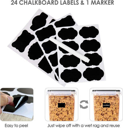 Vtopmart 4 PCS Large Food Storage Containers 5.2L / 175oz, 4 Pieces BPA Free Plastic Airtight Canisters for Flour, Sugar, Baking Supplies, Rice with Lids, 4 Measuring Cups and 24 Labels, Black