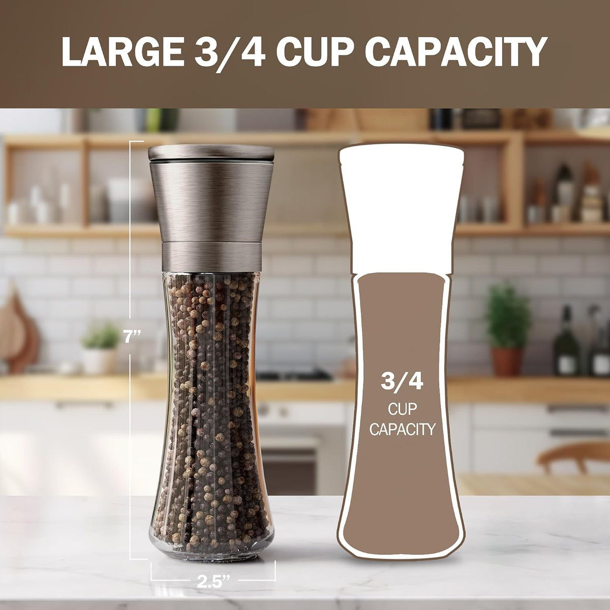 Home EC Premium Stainless Steel Sea Salt and Pepper Grinder Set of 2 - Adjustable Ceramic - Tall Glass Salt and Pepper Shakers - Kitchen Spice Mill W/Funnel & EBook