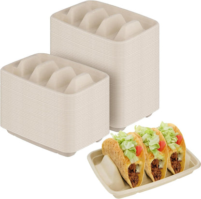 FUNSUEI 100 Pack Disposable Taco Holders with 3 Dividers, Compostable Paper Taco Plates, Party Serving Set for Taco Night, Tuesday Decorations