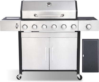 Gas Grill with Side Burner, 3-Burner Propane Grill with Porcelain-Enameled Cast Iron Grates and Double-Wall Insulated Lid, 39,000 BTU BBQ Grill with Wheels for Outdoor Cooking