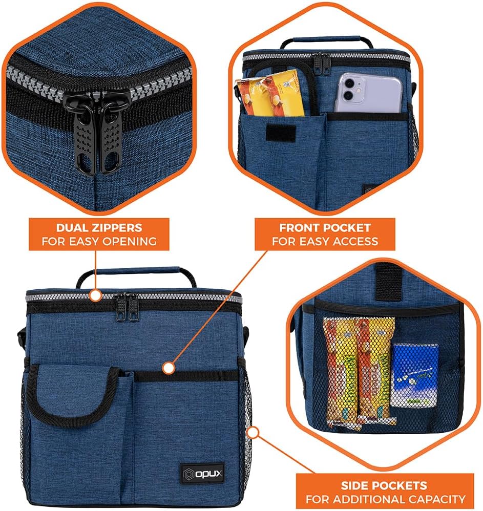 opux Insulated Lunch Bag for Men Women, Leakproof Black Lunch Box for Work, Portable Soft Lunch Cooler Bag with Shoulder Strap, Adult Lunchbox Lunch Pail for Kid Boy Girl School, 14 Can/8L