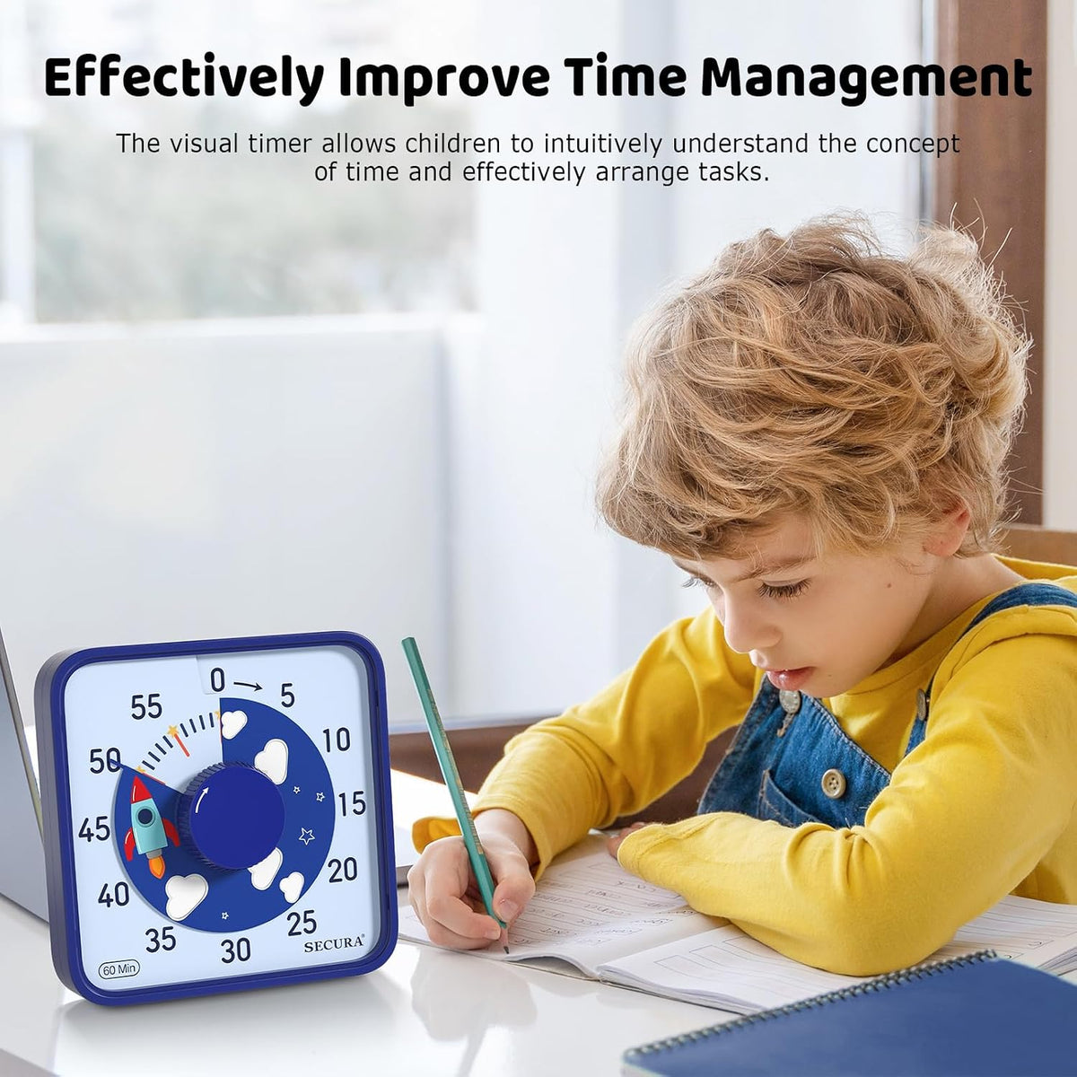 Secura 60-Minute Visual Countdown Timer, 7.5-Inch Oversize Classroom Visual Timer for Kids and Adults, Durable Mechanical Kitchen Timer Clock with Magnetic Backing (Blue)
