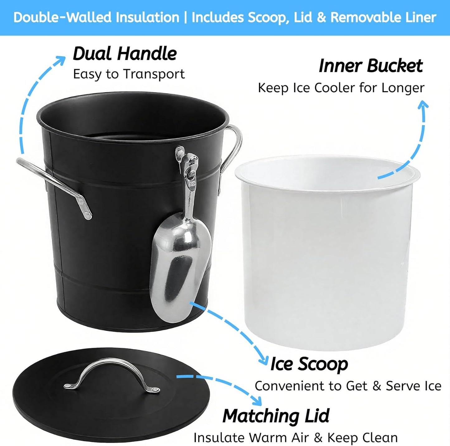 YOUEON 4L Ice Bucket with Scoop and Lid, Double Walled Insulated Wine Bucket Chiller with Carry Handles, Beverage Tub for Cocktail Party, Camping, BBQ, Indoor & Outdoor Use, Black