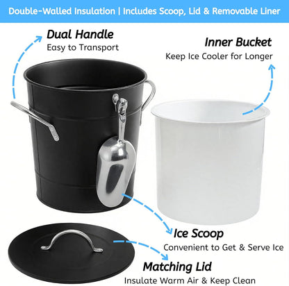 YOUEON 4L Ice Bucket with Scoop and Lid, Double Walled Insulated Wine Bucket Chiller with Carry Handles, Beverage Tub for Cocktail Party, Camping, BBQ, Indoor & Outdoor Use, Black