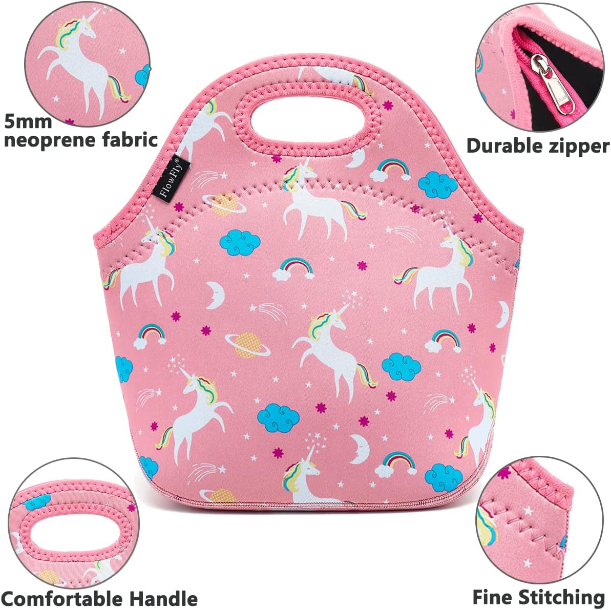FlowFly Neoprene kids Lunch box Insulated Soft Bag Mini Cooler Thermal Meal Tote Kit for Boys, Girls,Men,Women,School,Work, Office,Black