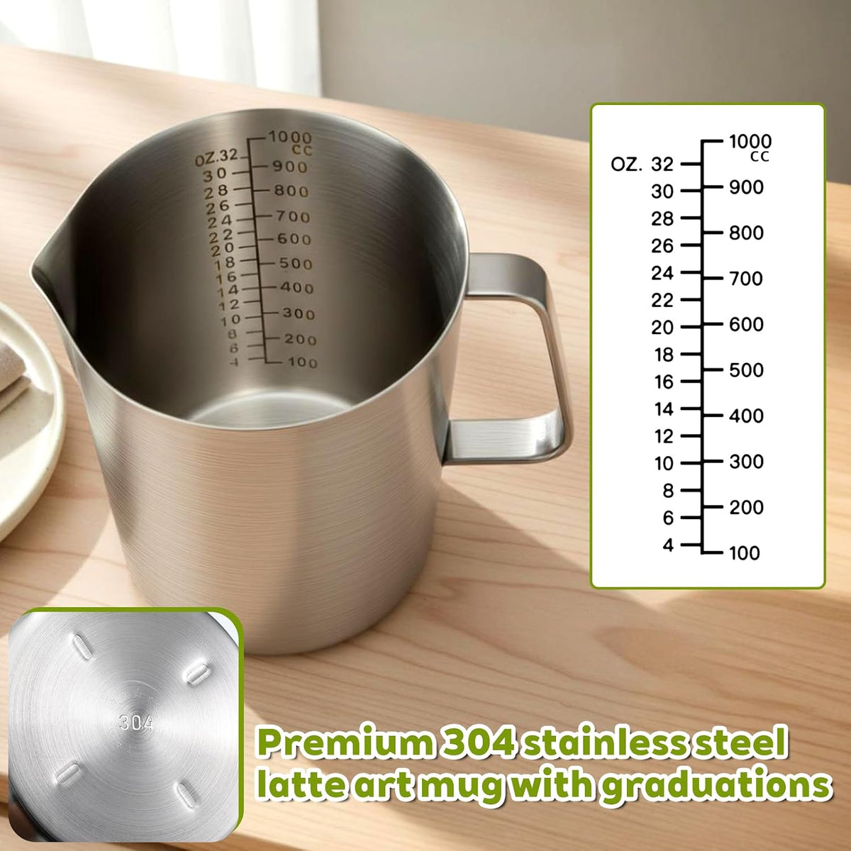 2L 18/8 Stainless Steel Measuring Cup with Handle and Pour Lip, 304 stainless pitcher with marking with handle, 68OZ/2 Liter- 8 Cup, Heavy-Duty Pitcher