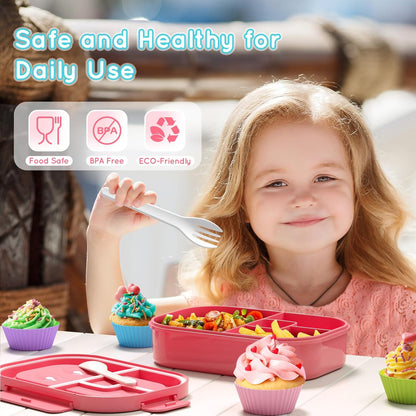 Lunch Box Kid Adult Bento Box, 4-Compartment Food Lunch Containers with Fork & Spoon, BPA Free, Leak-Proof Bento-Style Lunch Box for Work School, Microwave & Dishwasher Safe (Candy)