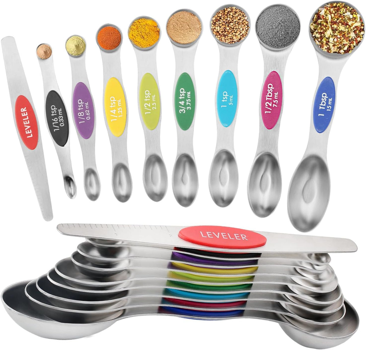 Magnetic Measuring Spoons Set Stainless Steel with Leveler, Dual-Sided Metal Measuring Spoons for Baking & Cooking, Fits in Spice Jars, Must-have Kitchen Gadgets, 8 Measuring Spoons & 1 Leveler, Black