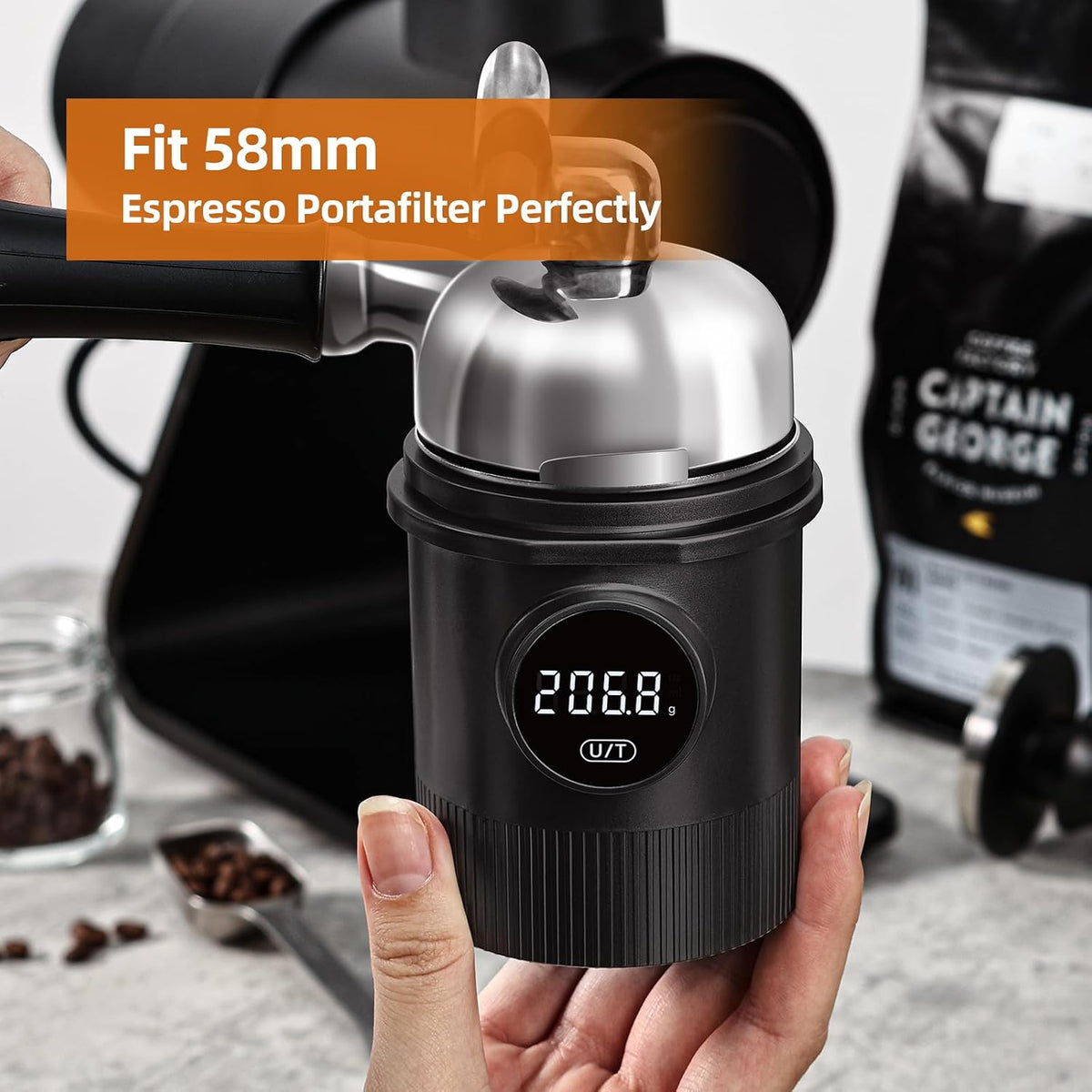 Espresso Dosing Cup with Scale, 58mm Coffee Dosing Cup and Digital Scale 0.01g Precision, USB-C Rechargeable Waterproof Stainless Steel, 500g x 0.01g for Barista, Silver