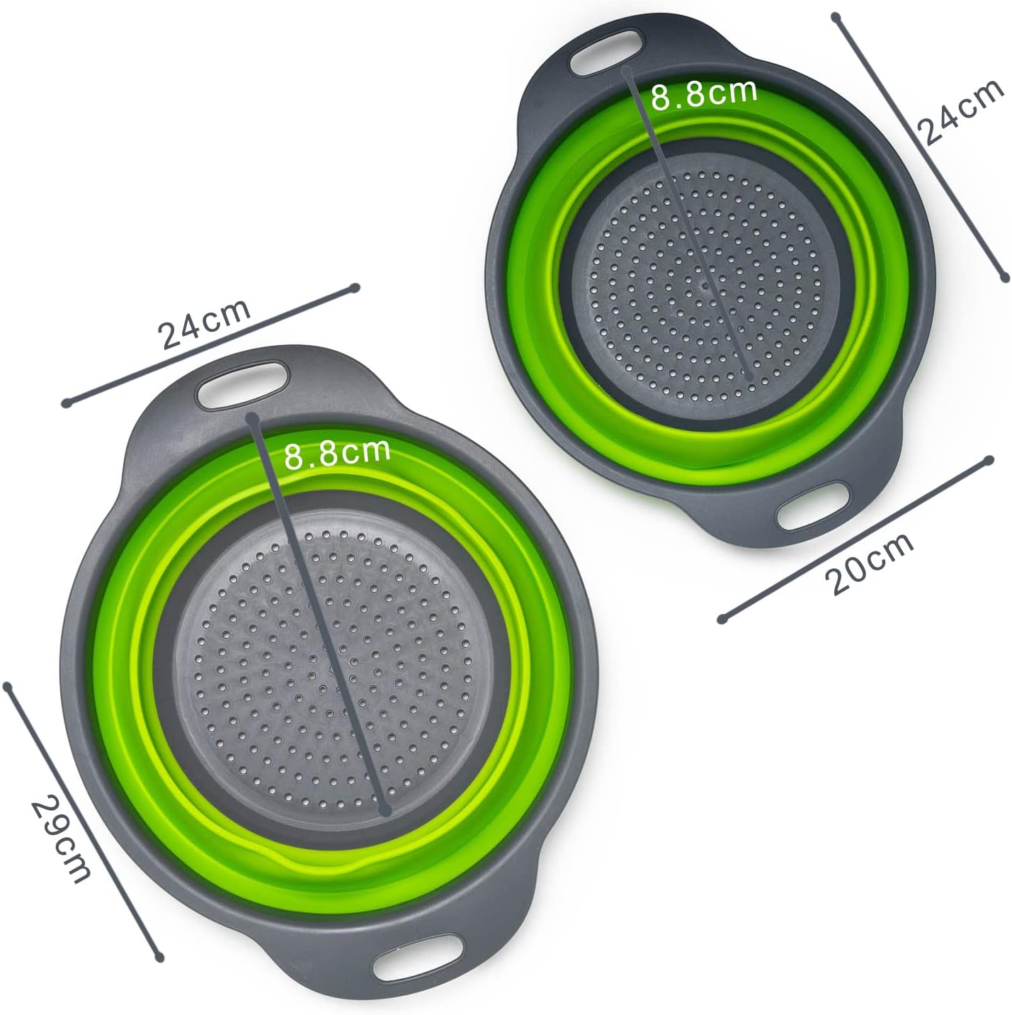 Set of 2 Collapsible Colander made of Silicone, Food-Grade, Perfect for Draining Pasta, Vegetables and Fruits (Green)
