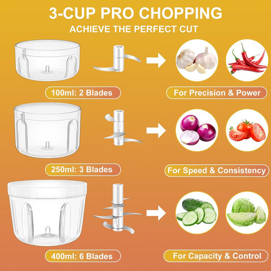 100+250+400ML Electric Garlic Chopper, 6 Blades Garlic Mincer
