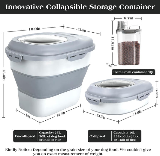 TIOVERY Dog Food Storage Container, Airtight Collapsible 13lb to 30lb Pet Food Container with Flip Top, Rolling Wheel, Scoop and 3L small container for Dog Cat Food and Dry Food of Rice, Flour