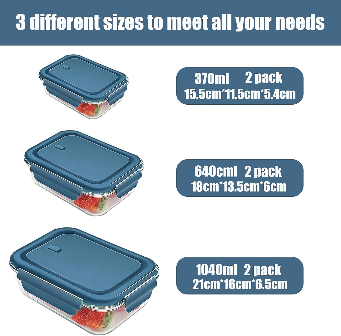 Glass Meal Prep Containers 5 Pack,Three Sizes Airtight Glass Lunch Containers, Glass Food Storage Containers with Lids, for Microwave, Oven, Freezer & Dishwasher Friendly(Sea Blue)