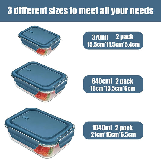 Glass Meal Prep Containers 5 Pack,Three Sizes Airtight Glass Lunch Containers, Glass Food Storage Containers with Lids, for Microwave, Oven, Freezer & Dishwasher Friendly(Sea Blue)