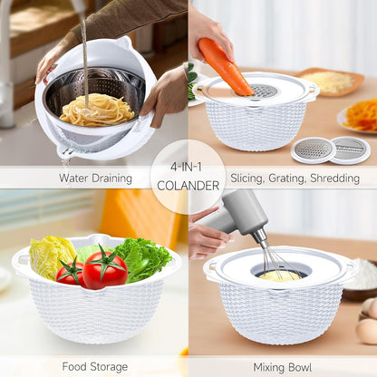 4-1 Colander with Bowl & Spoons Set - Rotatable Colander for kitchen with New Upgraded Graters, Food Strainer(Patented) for Pasta, Fruits, Vegetables, Funny Presents for Women, Beige
