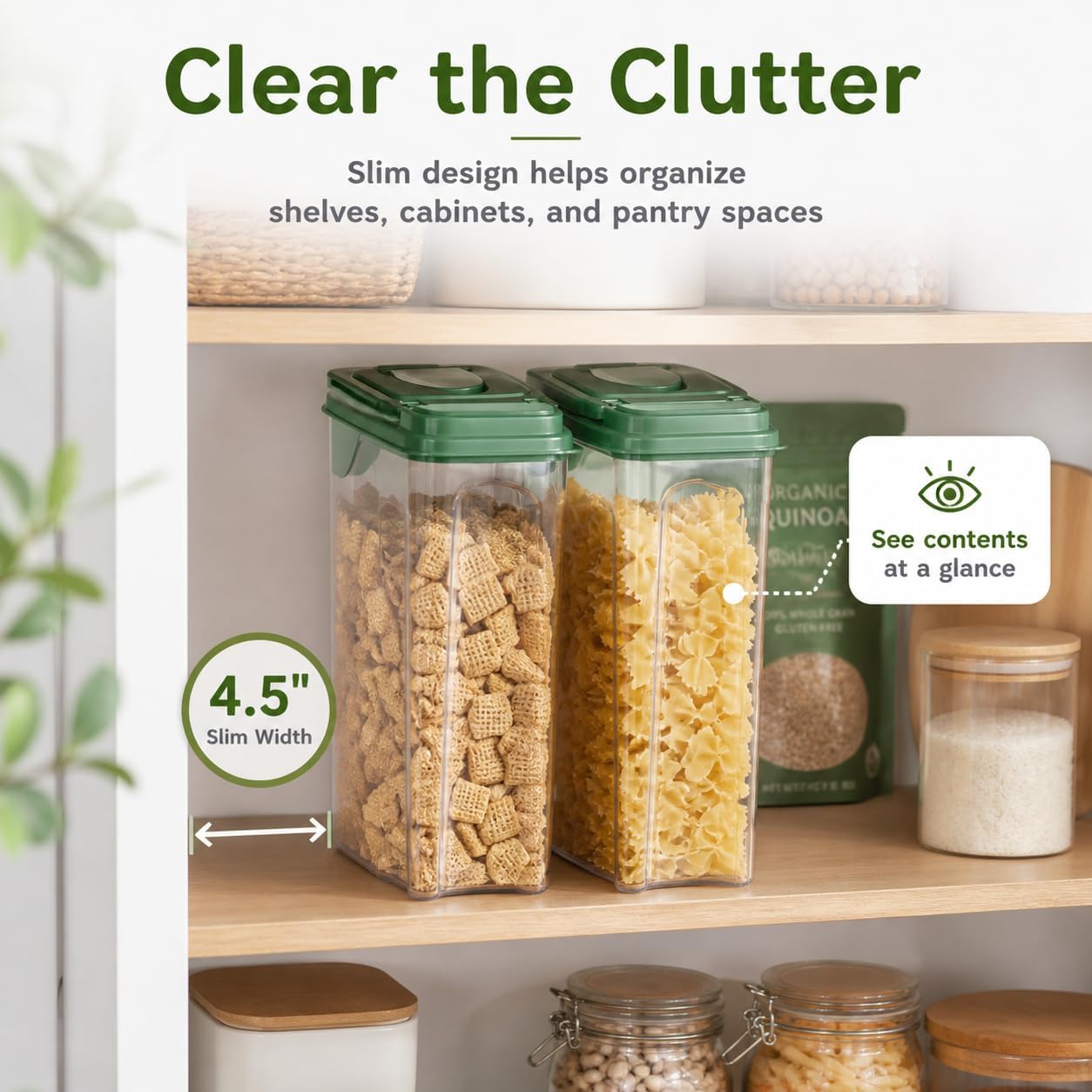 Tribello Food Storage Dispenser with Pour Spout Lid – Pantry Bin – Clear Slim Food Storage Container for Rice, Sugar, Cereal – BPA Free - Kitchen Organization (Small 1.9 Quarts - 2pack)
