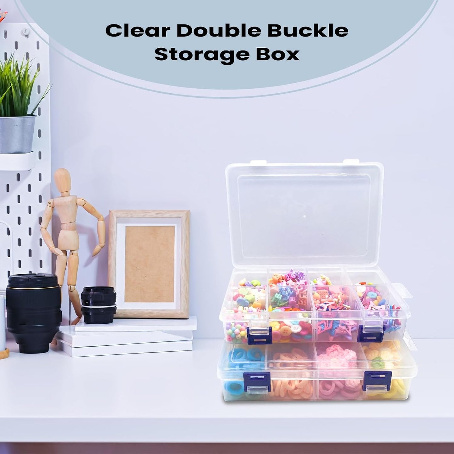 2 Pcs 8 Grids Clear Plastic Storage Box with Adjustable Dividers, Stackable 8 Compartments Small Organiser Box Container for Accessories Beads Jewelry Earring Tool, 7.48×5.23×1.8 Inches