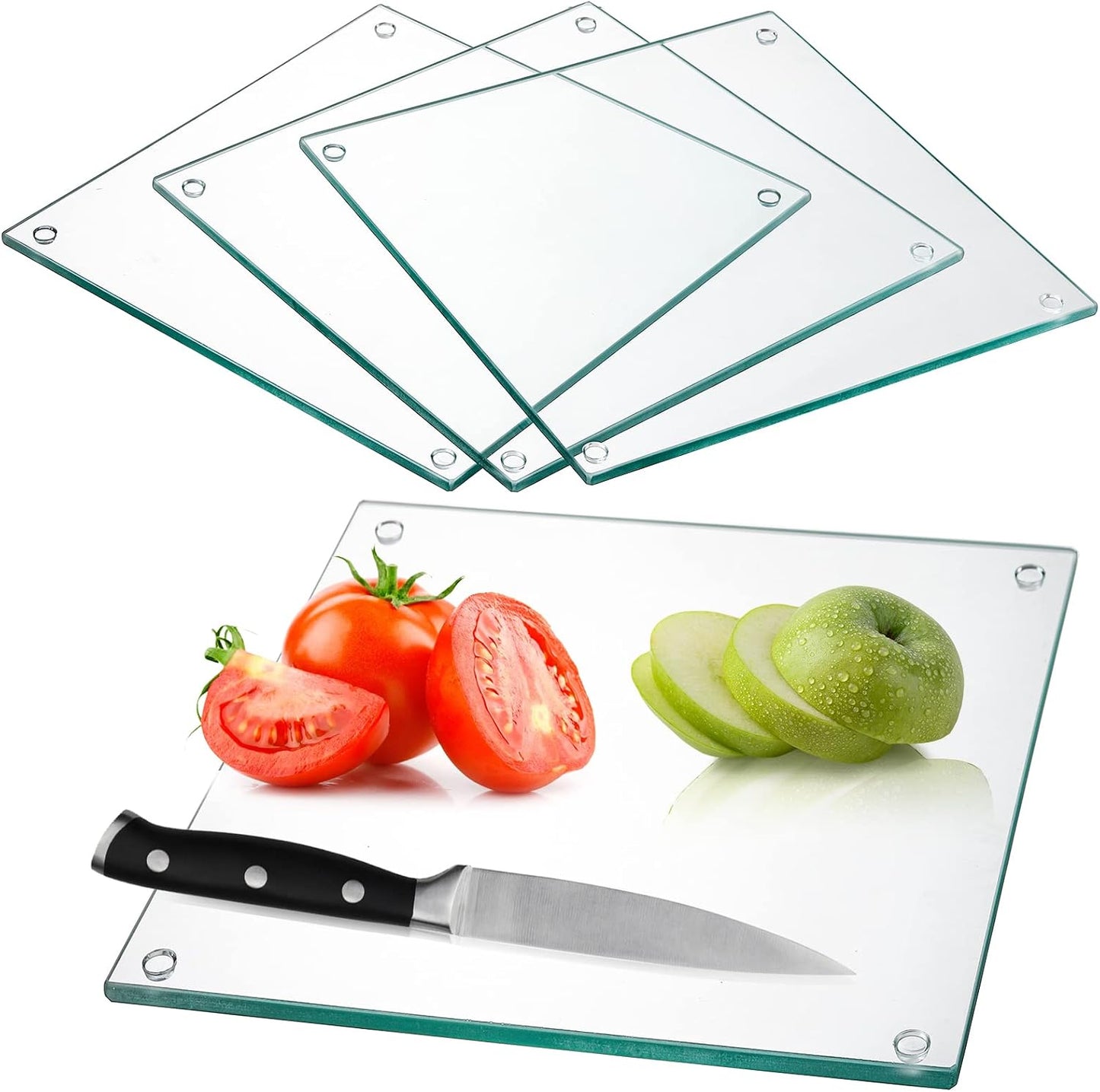 Hacaroa Set of 4 Tempered Glass Cutting Board, 10"x10" Small Square Chopping Board with Rubber Feet, Non-slip Placemat Tray for Kitchen Countertop, Shatter-Resistant, Clear