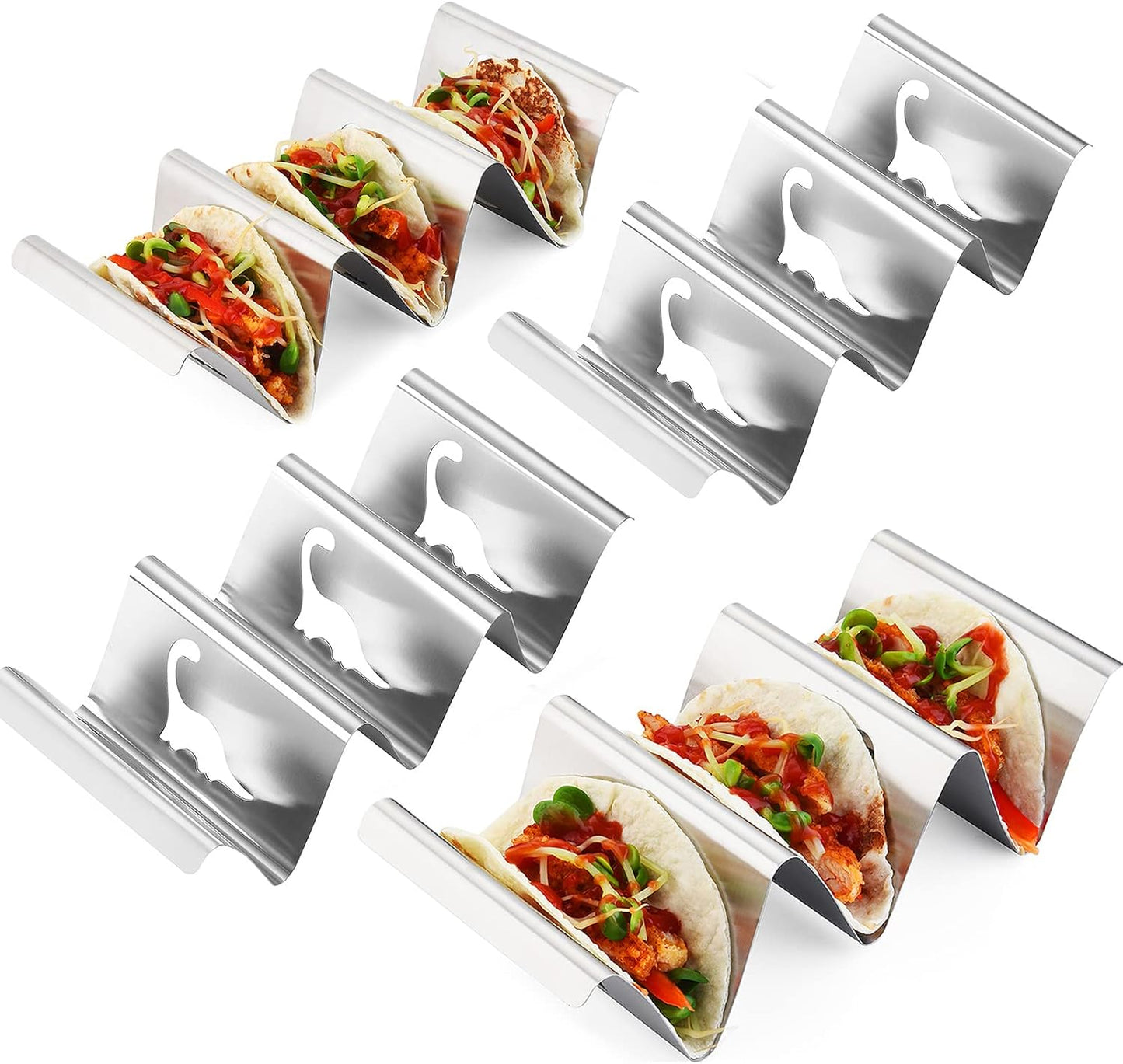 Taco Holders for Grill-Taco Holders Set of 4 - Stainless Steel Taco Holder for Kids Taco Night - Premium Easy To Use and Clean Taco Stand For 3 Soft Hard Shell Tacos - Perforated with Dinosaur