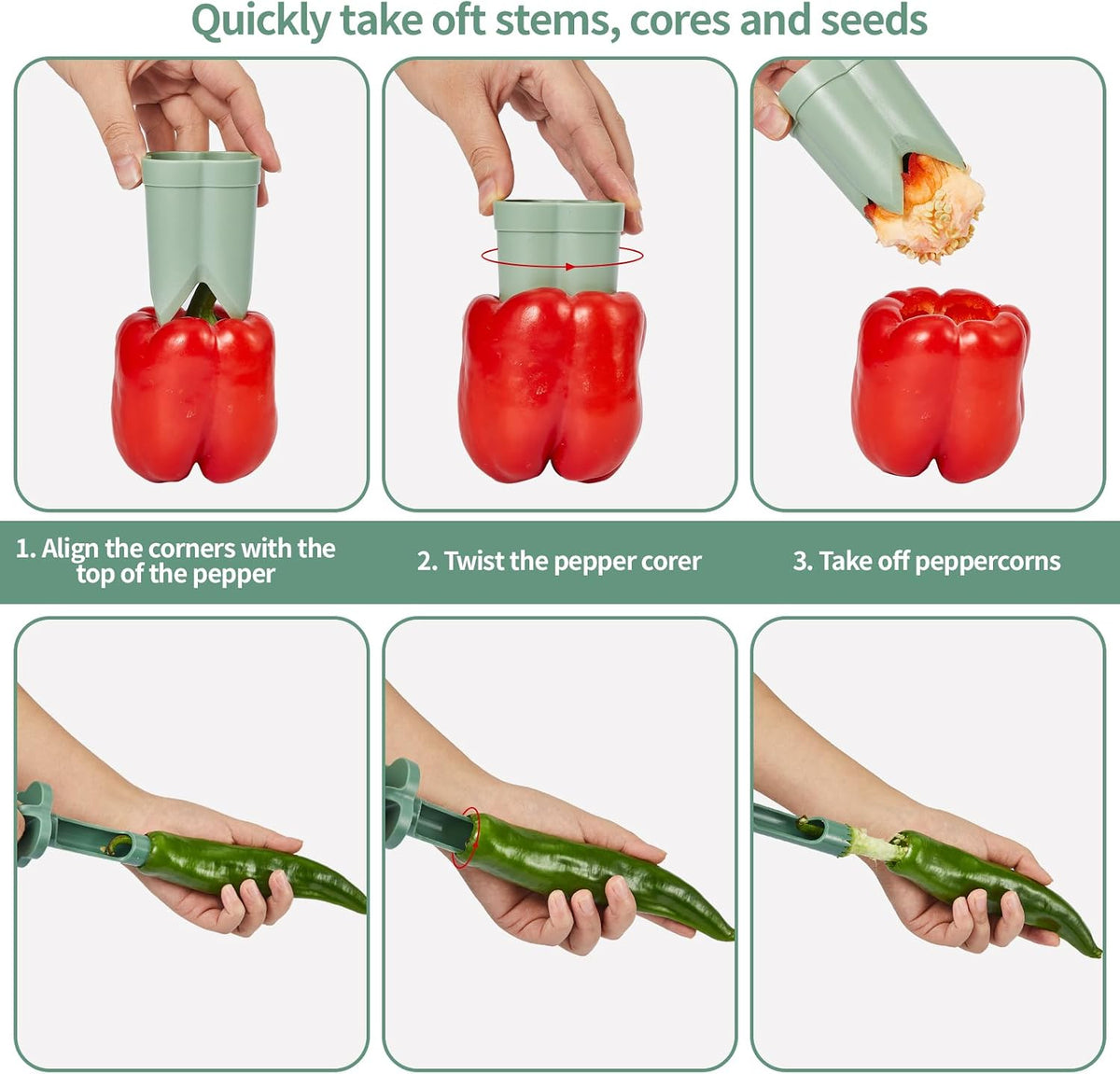 3 Pack 2‑in‑1 Bell Pepper Corer Tool, Fruit Seed and Core Remover