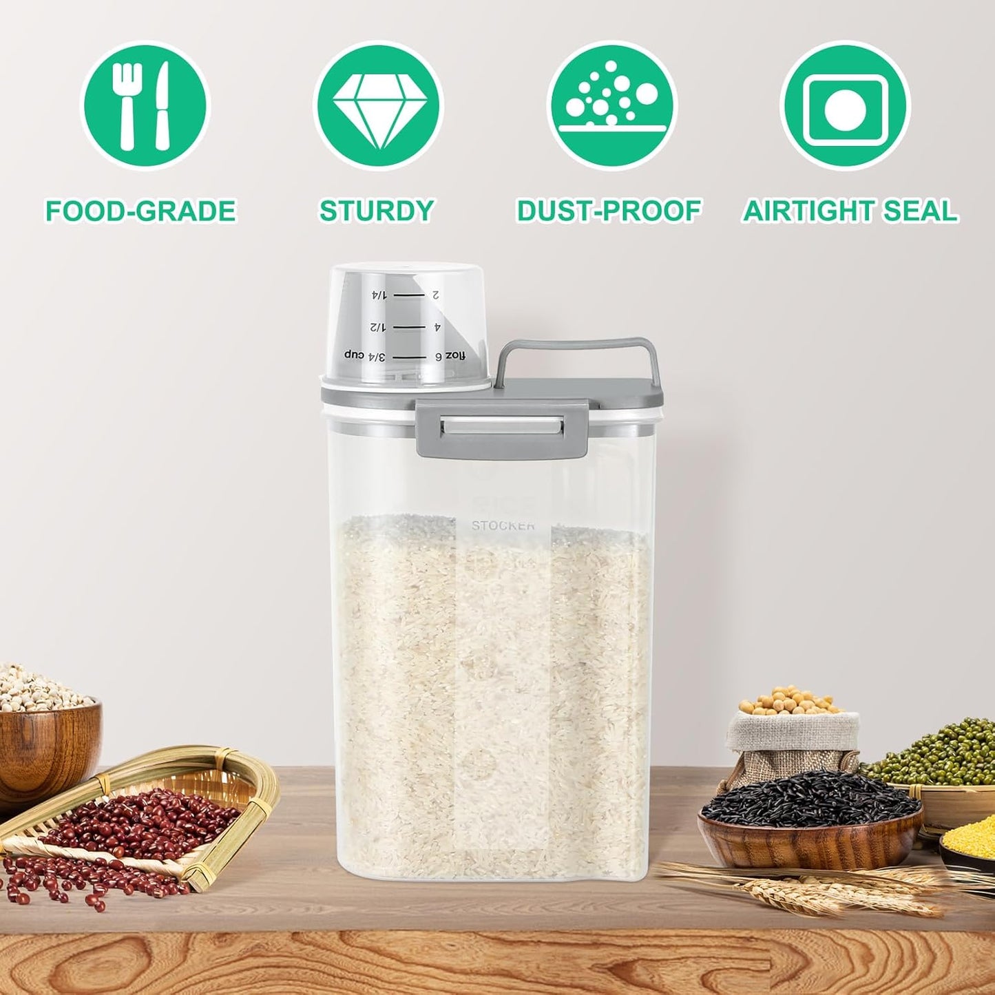 TBMax Rice Storage Container 2 Pack, Plastic Kitchen Pantry Food Storage Container with Cup, Small Pet Dog Cat Food Container Dispenser