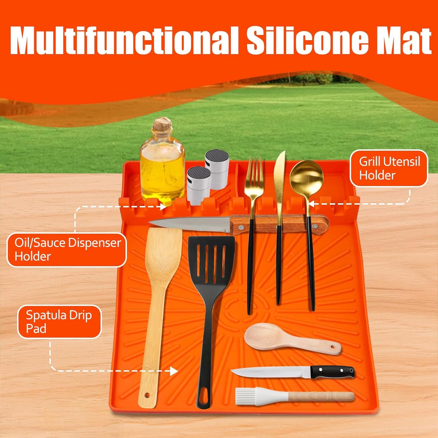 Large Silicone Grill Mat with Drip Pad, Heat Resistant Spatula Holder for Blackstone Side Shelf & Outdoor Kitchen Countertop, Reusable Griddle Accessories for BBQ Enthusiasts and Home Cooks