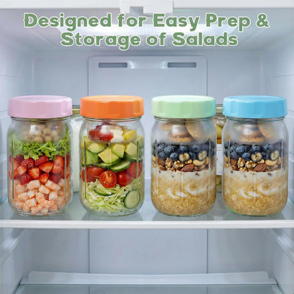 Overnight Oats Containers with Lids and Spoons - 4 Pack 16 oz Glass Mason Jars with Separate Compartments Airtight Overnight Oat Jars Leakproof Yogurt Parfait Cup for Oatmeal Chia Pudding Cereal Salad