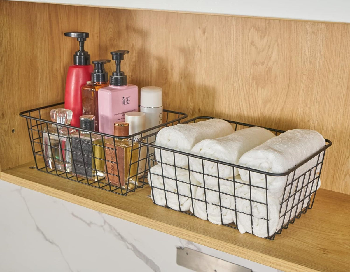 JUNCHU CHERRY Wire Kitchen Storage Basket 4 Packs,Perfect Pantry Organization Accessories Baskets,Laundry Basket,Countertop Organization,Suitable for Kitchen,Bathroom,Bedroom,Tabletop,Stackable,Chrome
