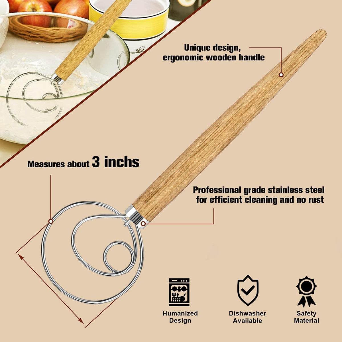 Acerich 2 Pack Danish Dough Whisk 13.5” Dough Whisk Stainless Steel Dutch Style Bread Whisk Wooden Handle Danish Whisk for Bread, Batter, Cake, Pastry